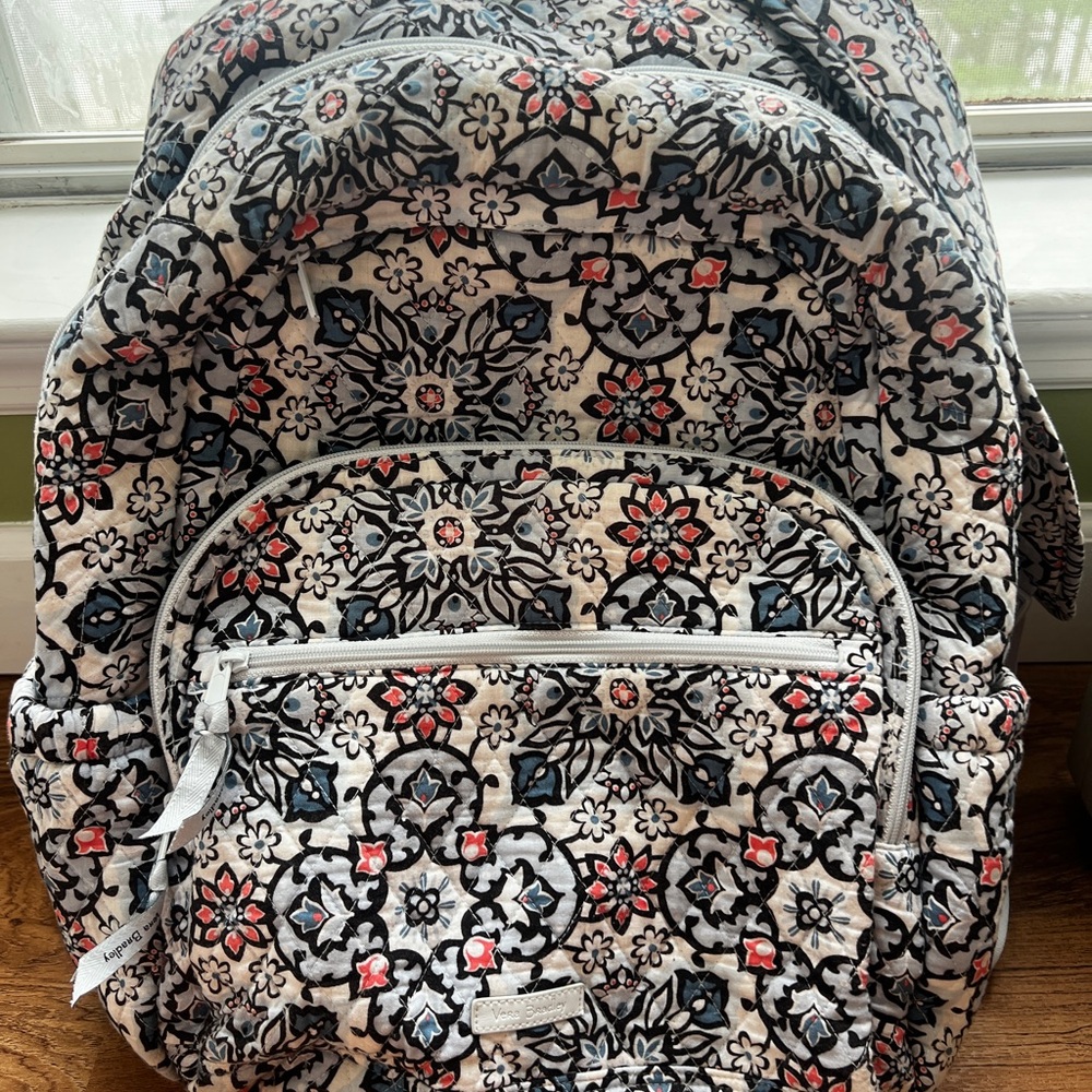 Vera Bradley Floral Quilted Backpack in Cream, Black, Blue & Coral